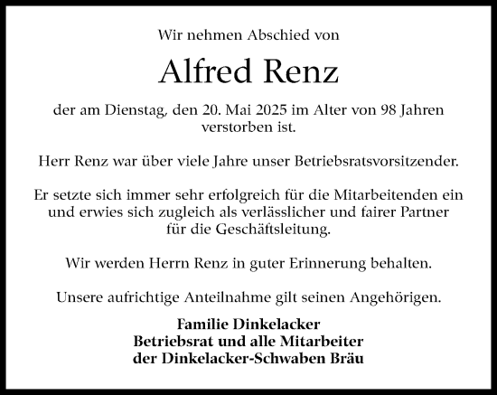 Traueranzeige von Alfred Renz von Stuttgarter Zeitung / Stuttgarter Nachrichten