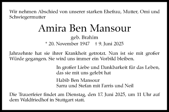 Traueranzeige von Amira Ben Mansour von Stuttgarter Zeitung / Stuttgarter Nachrichten