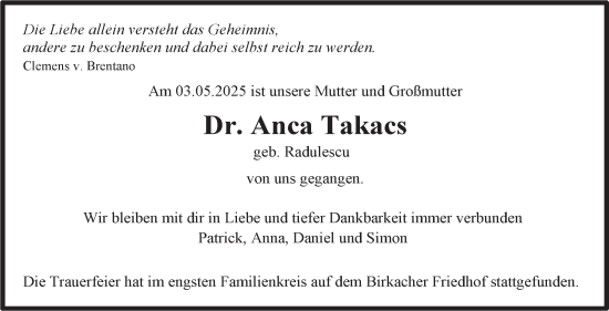 Traueranzeige von Anca Takacs von Stuttgarter Zeitung / Stuttgarter Nachrichten