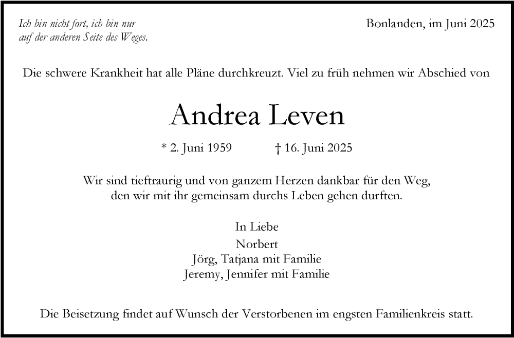  Traueranzeige für Andrea Leven vom 27.06.2025 aus Stuttgarter Zeitung / Stuttgarter Nachrichten