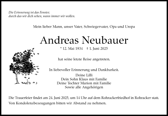 Traueranzeige von Andreas Neubauer von Stuttgarter Zeitung / Stuttgarter Nachrichten