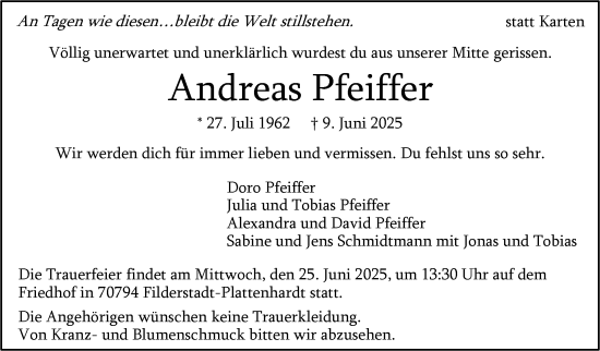 Traueranzeige von Andreas Pfeiffer von Stuttgarter Zeitung / Stuttgarter Nachrichten