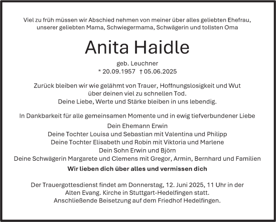 Traueranzeige von Anita Haidle von Stuttgarter Zeitung / Stuttgarter Nachrichten