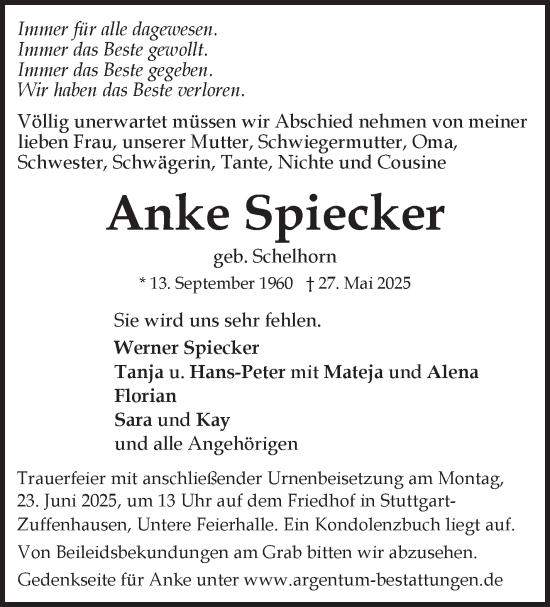 Traueranzeige von Anke Spiecker von Stuttgarter Zeitung / Stuttgarter Nachrichten