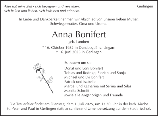 Traueranzeige von Anna Bonifert von Stuttgarter Zeitung / Stuttgarter Nachrichten