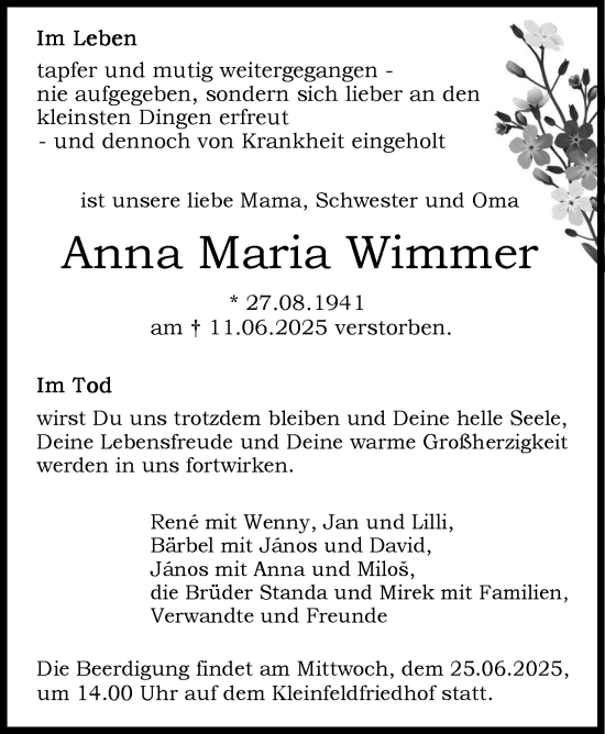 Traueranzeige von Anna Maria Wimmer von Stuttgarter Zeitung / Stuttgarter Nachrichten
