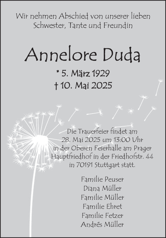 Traueranzeige von Annelore Duda von Stuttgarter Zeitung / Stuttgarter Nachrichten