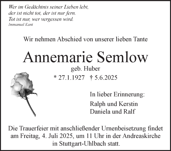 Traueranzeige von Annemarie Semlow von Stuttgarter Zeitung / Stuttgarter Nachrichten
