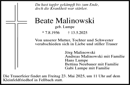 Traueranzeige von Beate Malinowski von Stuttgarter Zeitung / Stuttgarter Nachrichten
