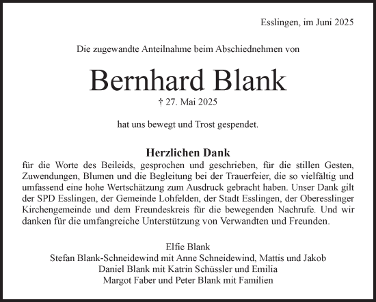 Traueranzeige von Bernhard Blank von Stuttgarter Zeitung / Stuttgarter Nachrichten