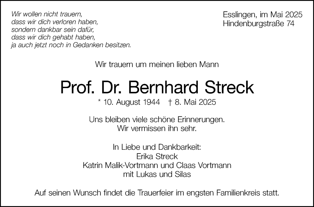 Traueranzeige für Bernhard Streck vom 21.05.2025 aus Stuttgarter Zeitung / Stuttgarter Nachrichten