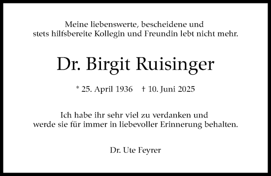 Traueranzeige von Birgit Ruisinger von Stuttgarter Zeitung / Stuttgarter Nachrichten