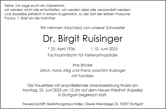 Traueranzeige von Birgit Ruisinger von Stuttgarter Zeitung / Stuttgarter Nachrichten