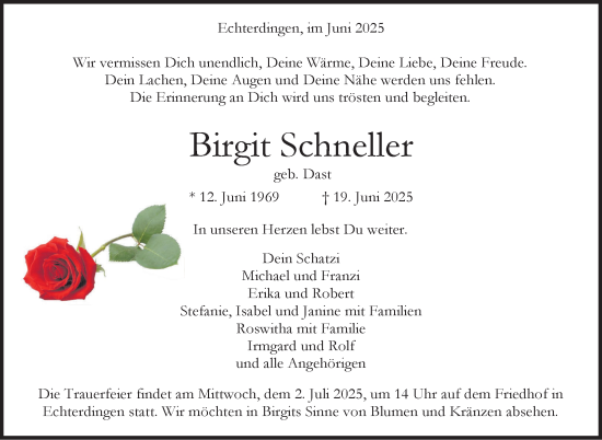 Traueranzeige von Birgit Schneller von Stuttgarter Zeitung / Stuttgarter Nachrichten
