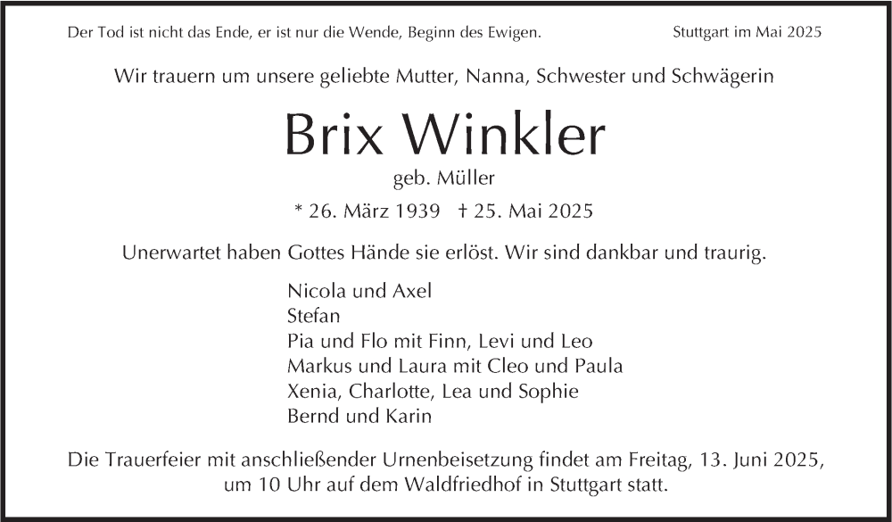  Traueranzeige für Brix Winkler vom 30.05.2025 aus Stuttgarter Zeitung / Stuttgarter Nachrichten