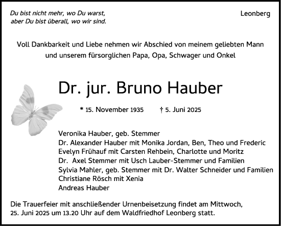 Traueranzeige von Bruno Hauber von Stuttgarter Zeitung / Stuttgarter Nachrichten