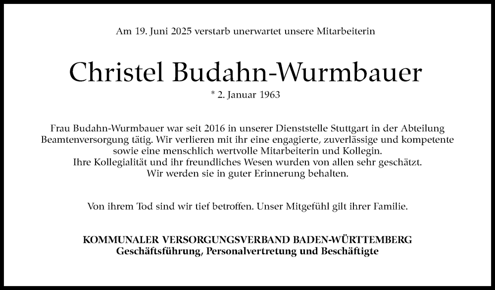  Traueranzeige für Christel Budahn-Wurmbauer vom 28.06.2025 aus Stuttgarter Zeitung / Stuttgarter Nachrichten