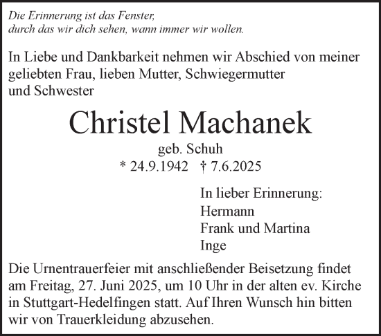 Traueranzeige von Christel Machanek von Stuttgarter Zeitung / Stuttgarter Nachrichten