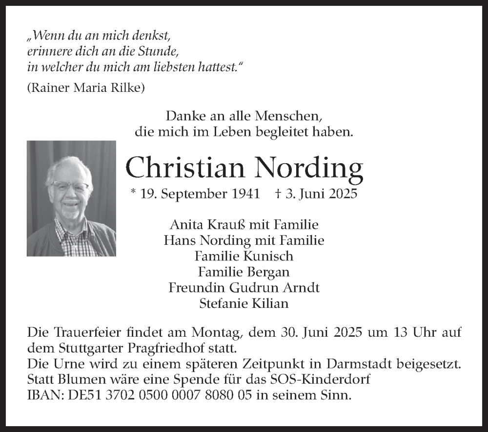 Traueranzeige für Christian Nording vom 21.06.2025 aus Stuttgarter Zeitung / Stuttgarter Nachrichten