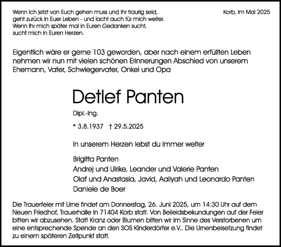 Traueranzeige von Detlef Panten von Stuttgarter Zeitung / Stuttgarter Nachrichten