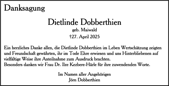 Traueranzeige von Dietlinde Dobberthien von Stuttgarter Zeitung / Stuttgarter Nachrichten