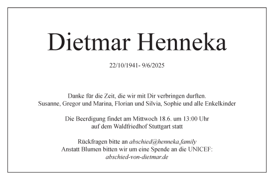Traueranzeige von Dietmar Henneka von Stuttgarter Zeitung / Stuttgarter Nachrichten