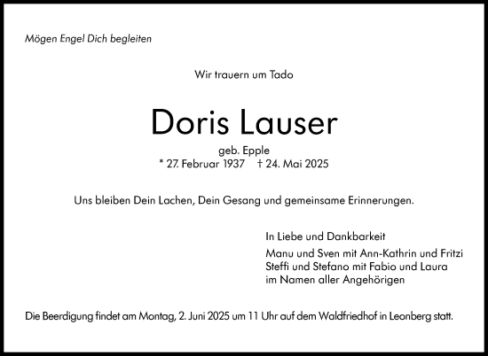 Traueranzeige von Doris Lauser von Stuttgarter Zeitung / Stuttgarter Nachrichten