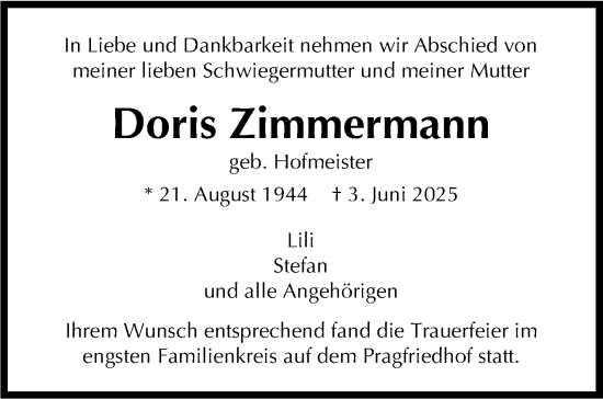 Traueranzeige von Doris Zimmermann von Stuttgarter Zeitung / Stuttgarter Nachrichten