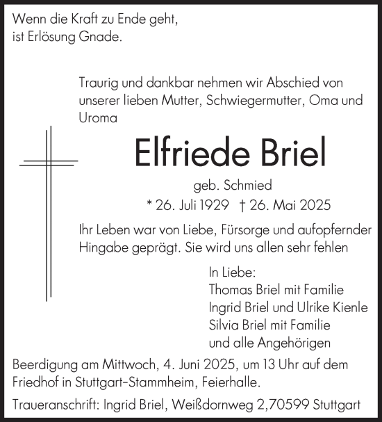 Traueranzeige von Elfriede Briel von Stuttgarter Zeitung / Stuttgarter Nachrichten