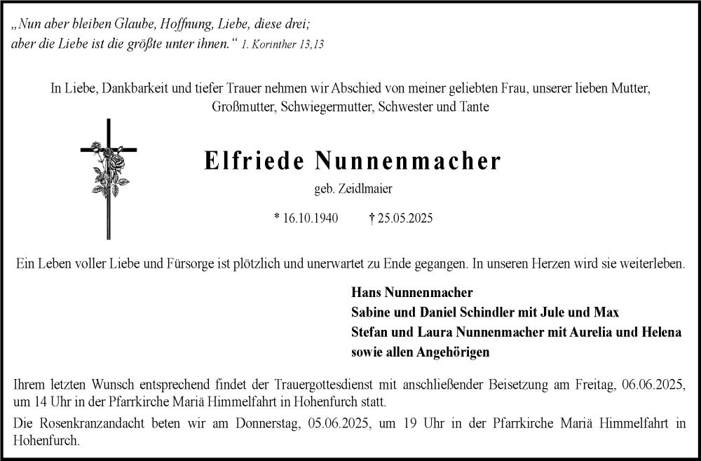  Traueranzeige für Elfriede Nunnenmacher vom 31.05.2025 aus Stuttgarter Zeitung / Stuttgarter Nachrichten
