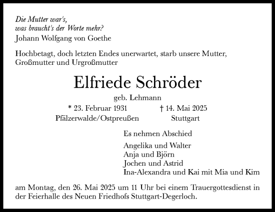 Traueranzeige von Elfriede Schröder von Stuttgarter Zeitung / Stuttgarter Nachrichten