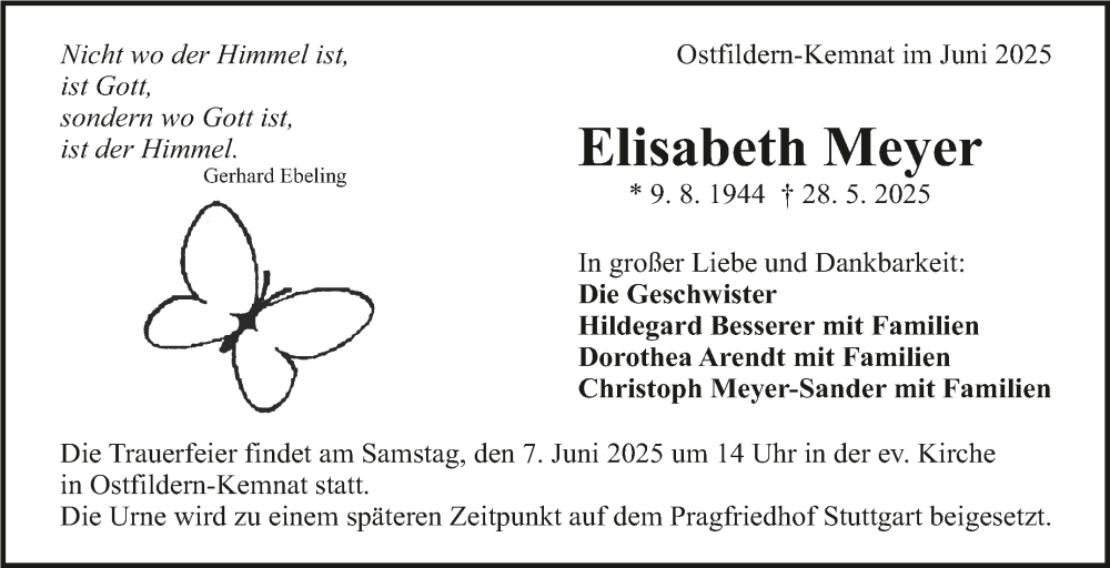  Traueranzeige für Elisabeth Meyer vom 04.06.2025 aus Stuttgarter Zeitung / Stuttgarter Nachrichten