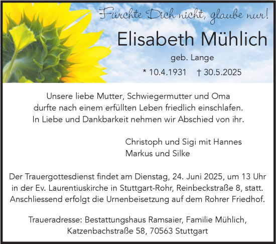 Traueranzeige von Elisabeth Mühlich von Stuttgarter Zeitung / Stuttgarter Nachrichten