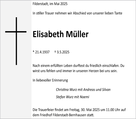 Traueranzeige von Elisabeth Müller von Stuttgarter Zeitung / Stuttgarter Nachrichten