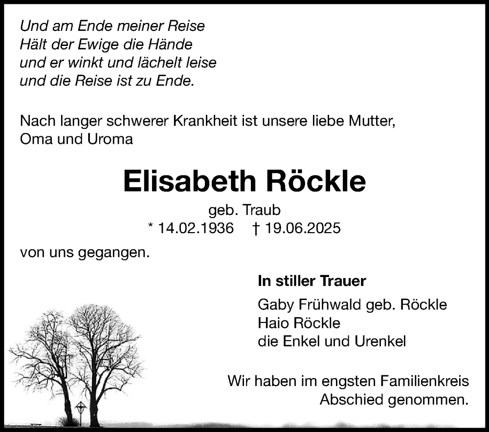  Traueranzeige für Elisabeth Röckle vom 27.06.2025 aus Stuttgarter Zeitung / Stuttgarter Nachrichten