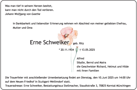 Traueranzeige von Erne Schweiker von Stuttgarter Zeitung / Stuttgarter Nachrichten