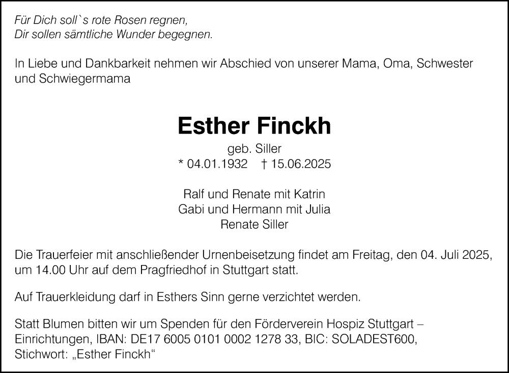  Traueranzeige für Esther Finckh vom 28.06.2025 aus Stuttgarter Zeitung / Stuttgarter Nachrichten
