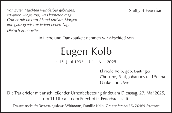 Traueranzeige von Eugen Kolb von Stuttgarter Zeitung / Stuttgarter Nachrichten