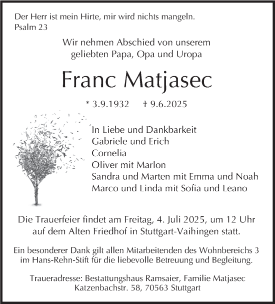 Traueranzeige von Franc Matjasec von Stuttgarter Zeitung / Stuttgarter Nachrichten