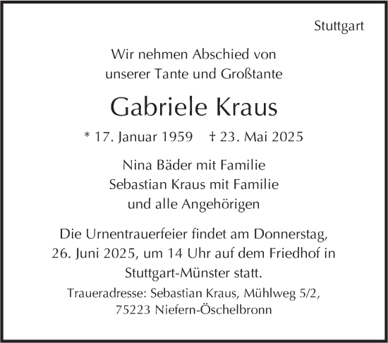 Traueranzeige von Gabriele Kraus von Stuttgarter Zeitung / Stuttgarter Nachrichten