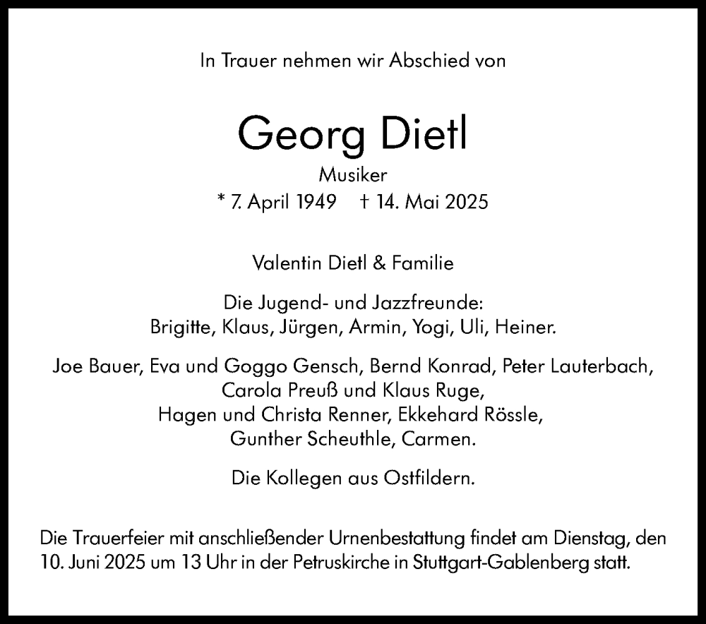  Traueranzeige für Georg Dietl vom 07.06.2025 aus Stuttgarter Zeitung / Stuttgarter Nachrichten