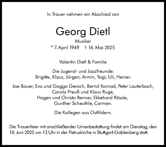 Traueranzeige von Georg Dietl von Stuttgarter Zeitung / Stuttgarter Nachrichten