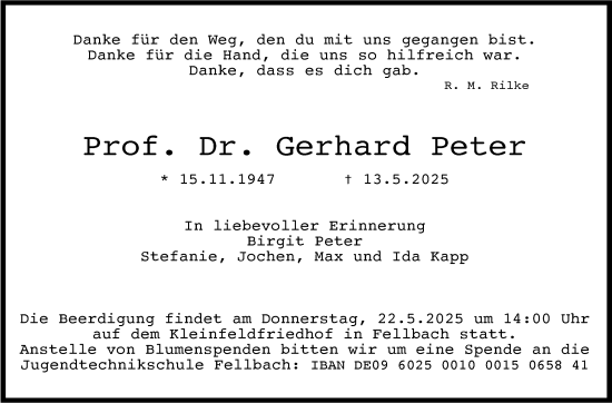 Traueranzeige von Gerhard Peter von Stuttgarter Zeitung / Stuttgarter Nachrichten