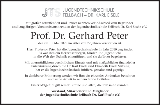 Traueranzeige von Gerhard Peter von Stuttgarter Zeitung / Stuttgarter Nachrichten
