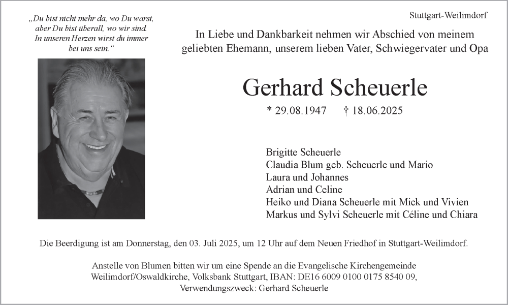  Traueranzeige für Gerhard Scheuerle vom 28.06.2025 aus Stuttgarter Zeitung / Stuttgarter Nachrichten