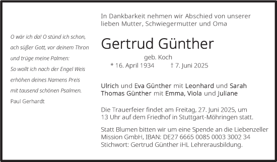 Traueranzeige von Gertrud Günther von Stuttgarter Zeitung / Stuttgarter Nachrichten