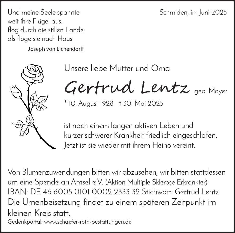  Traueranzeige für Gertrud Lentz vom 17.06.2025 aus Stuttgarter Zeitung / Stuttgarter Nachrichten
