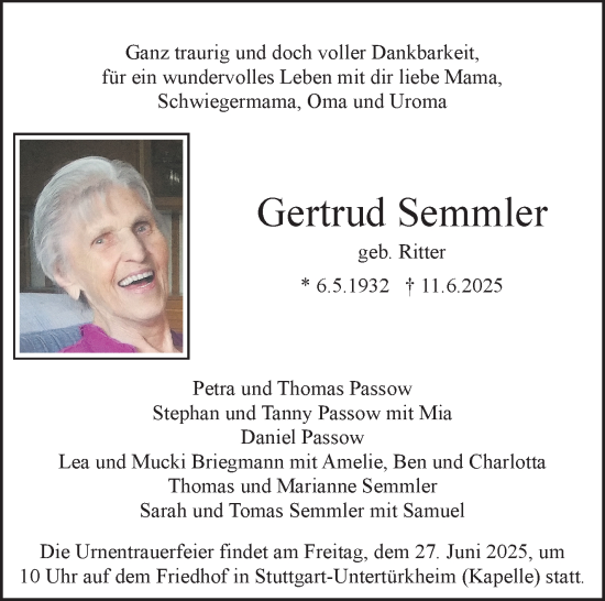 Traueranzeige von Gertrud Semmler von Stuttgarter Zeitung / Stuttgarter Nachrichten