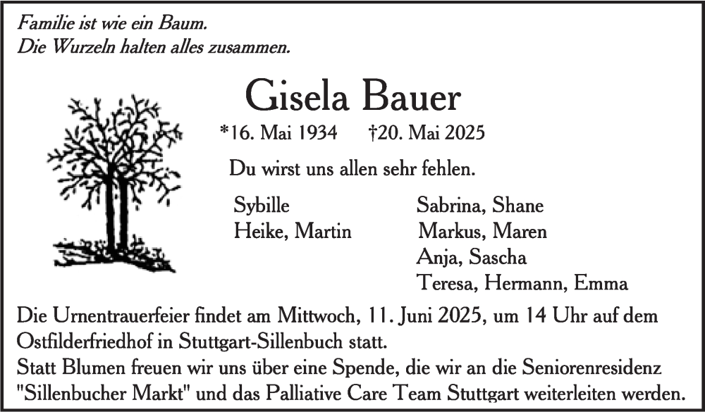  Traueranzeige für Gisela Bauer vom 31.05.2025 aus Stuttgarter Zeitung / Stuttgarter Nachrichten
