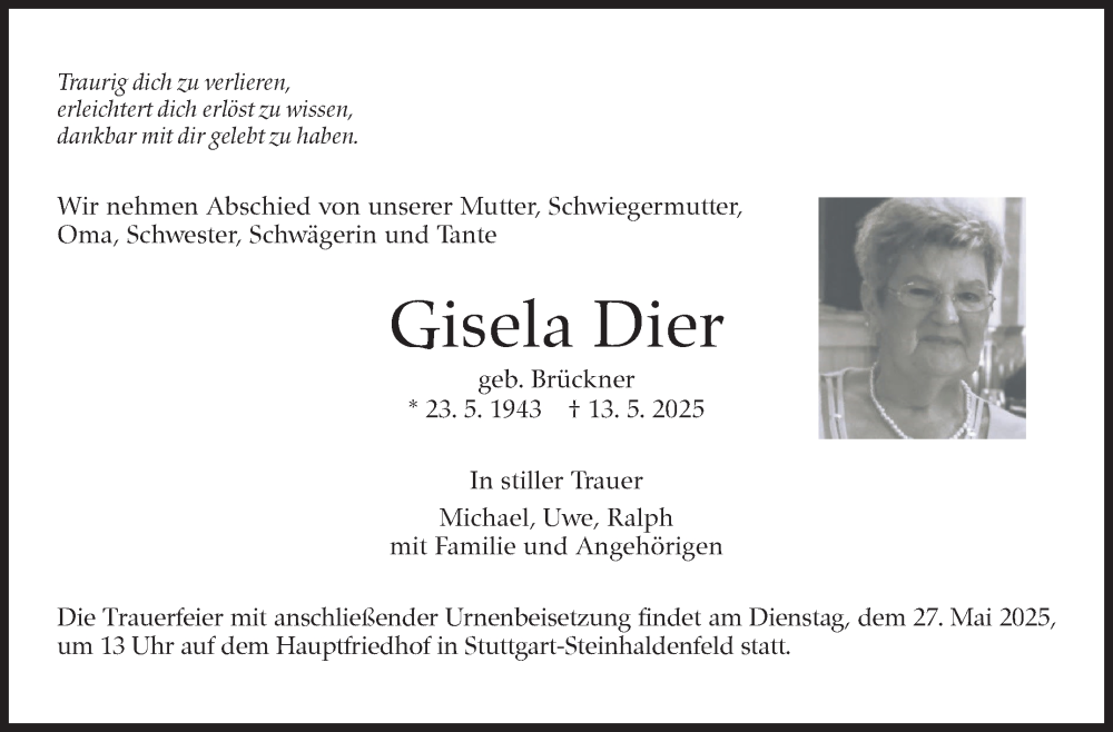  Traueranzeige für Gisela Dier vom 24.05.2025 aus Stuttgarter Zeitung / Stuttgarter Nachrichten